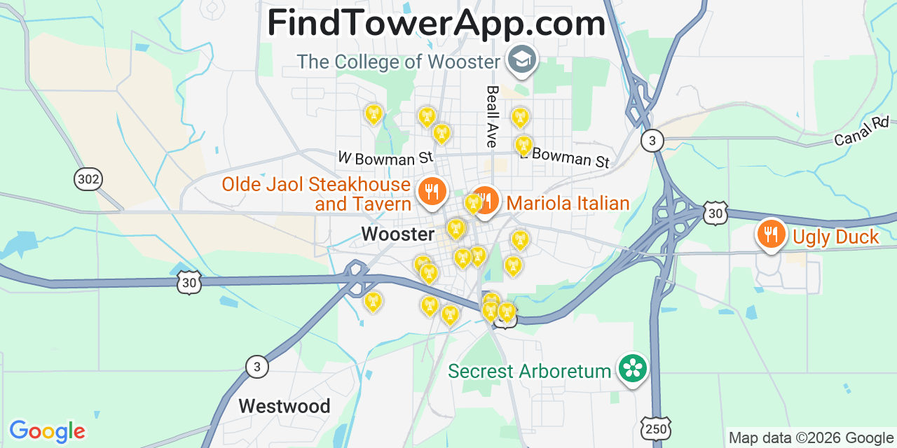 Map showing the 20 primary cell tower locations detected in Wooster, Ohio from AT&T, Verizon, and T-Mobile networks