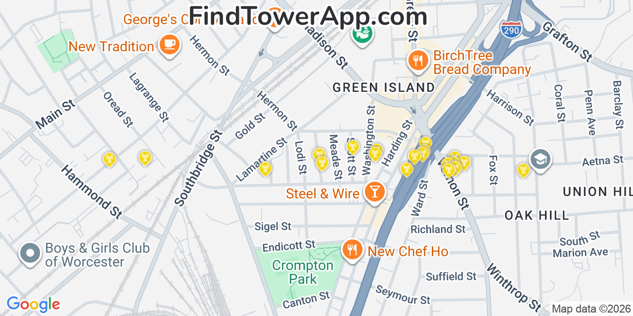 Map showing the 20 primary cell tower locations detected in Worcester, Massachusetts from AT&T, Verizon, and T-Mobile networks