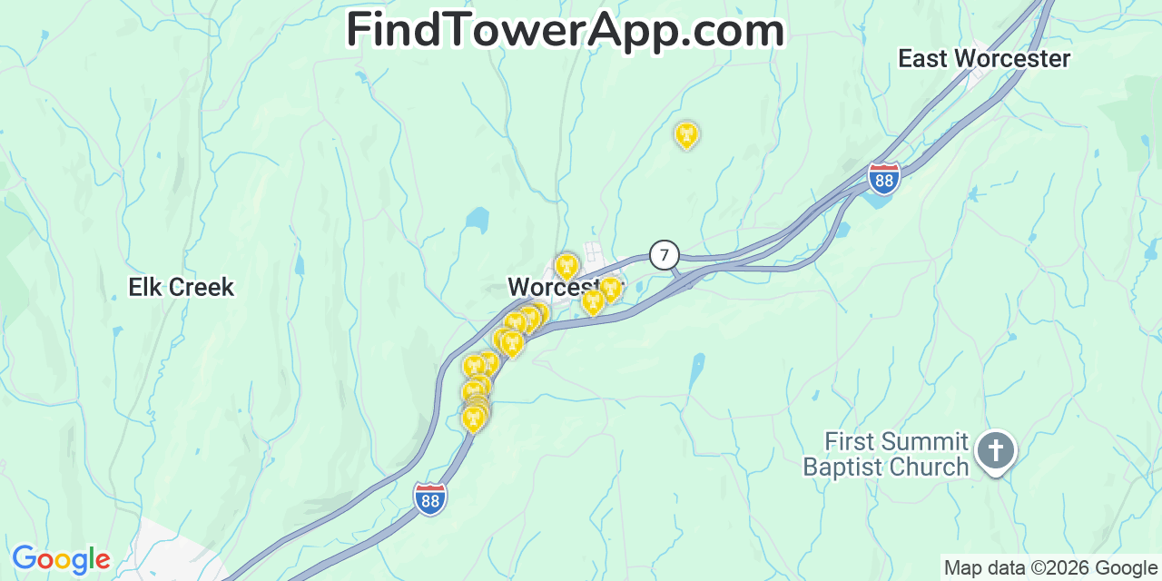 Map showing the 20 primary cell tower locations detected in Worcester, New York from AT&T, Verizon, and T-Mobile networks