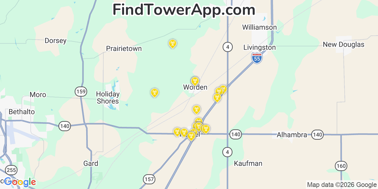 Map showing the 20 primary cell tower locations detected in Worden, Illinois from AT&T, Verizon, and T-Mobile networks