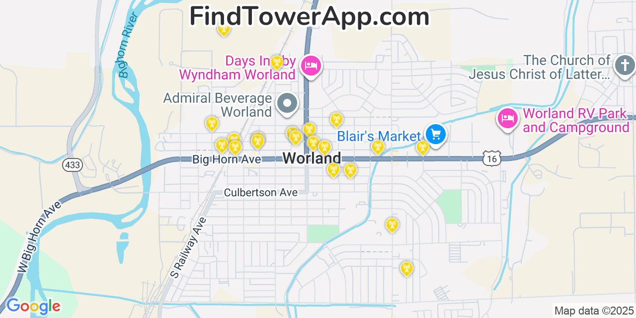 Map showing the 20 primary cell tower locations detected in Worland, Wyoming from AT&T, Verizon, and T-Mobile networks