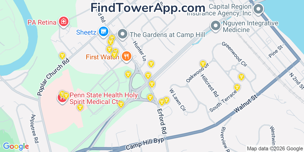 Map showing the 20 primary cell tower locations detected in Wormleysburg, Pennsylvania from AT&T, Verizon, and T-Mobile networks