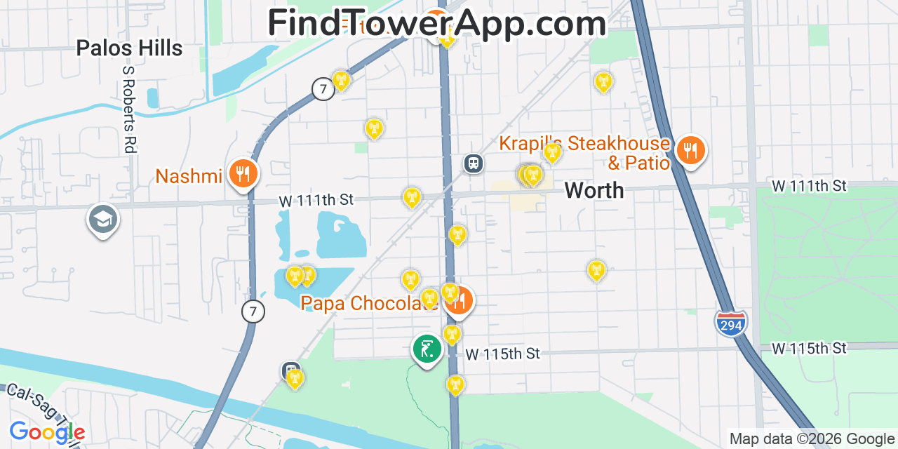 Map showing the 20 primary cell tower locations detected in Worth, Illinois from AT&T, Verizon, and T-Mobile networks