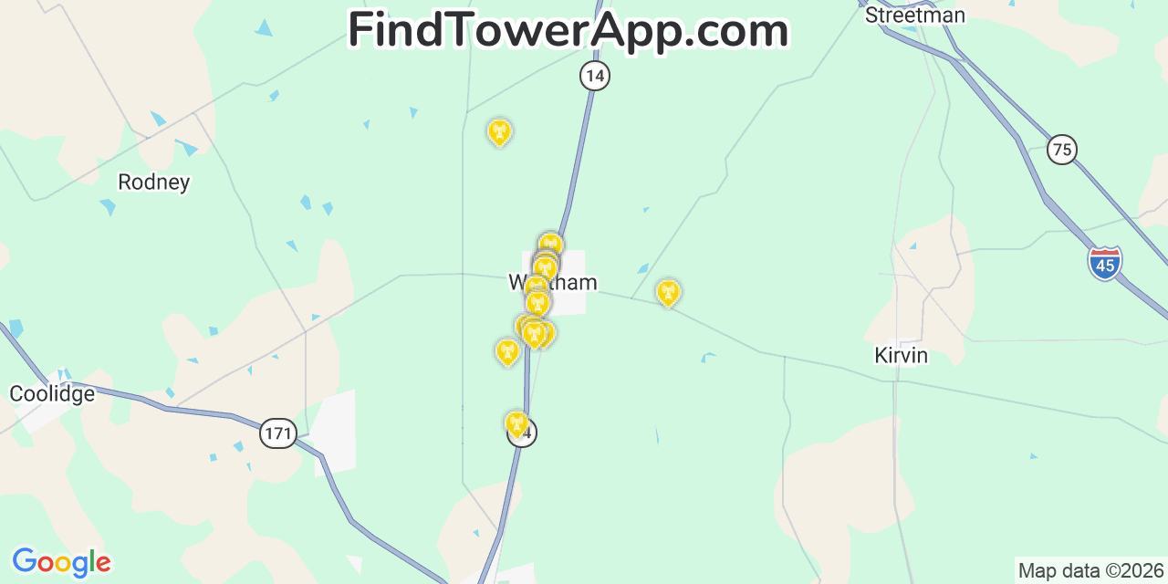 Map showing the 20 primary cell tower locations detected in Wortham, Texas from AT&T, Verizon, and T-Mobile networks