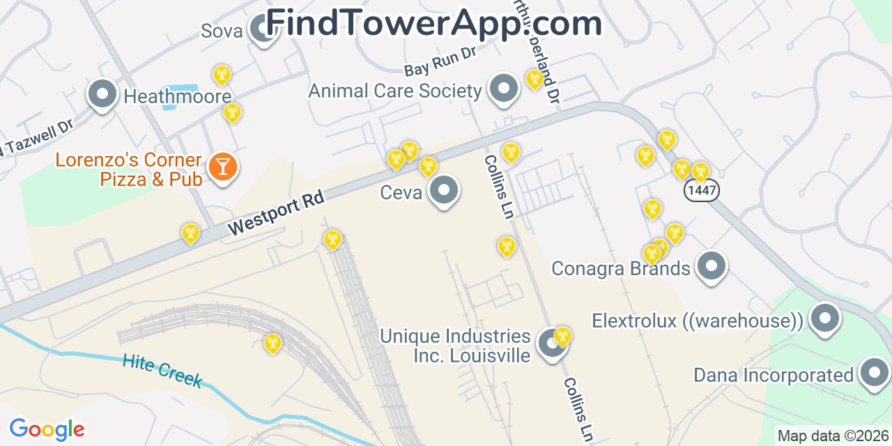 Map showing the 20 primary cell tower locations detected in Worthington Hills, Kentucky from AT&T, Verizon, and T-Mobile networks