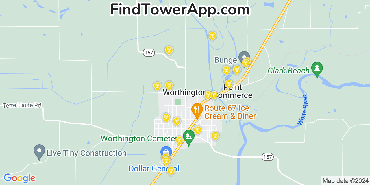 AT&T 4G/5G cell tower coverage map Worthington, Indiana