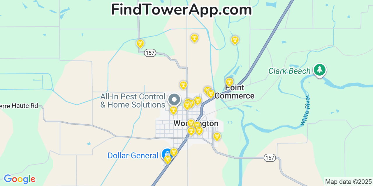 Map showing the 20 primary cell tower locations detected in Worthington, Indiana from AT&T, Verizon, and T-Mobile networks