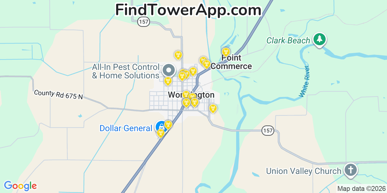 Map showing the 20 primary cell tower locations detected in Worthington, Indiana from AT&T, Verizon, and T-Mobile networks