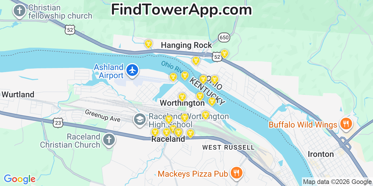 Map showing the 20 primary cell tower locations detected in Worthington, Kentucky from AT&T, Verizon, and T-Mobile networks