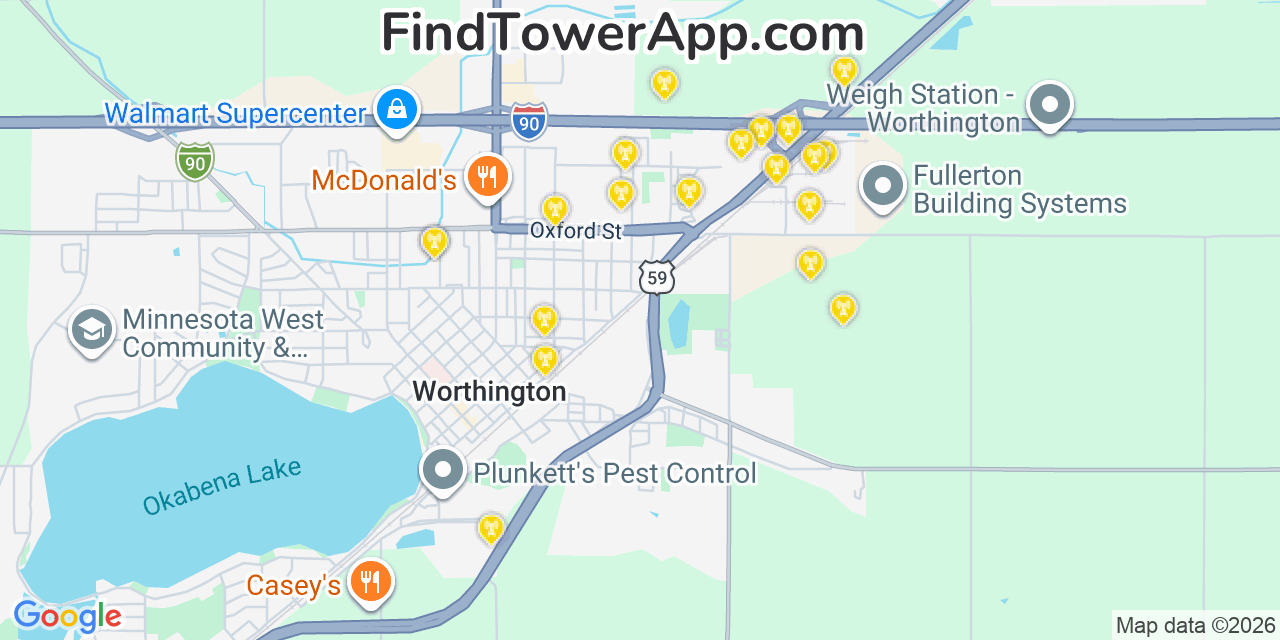 Map showing the 20 primary cell tower locations detected in Worthington, Minnesota from AT&T, Verizon, and T-Mobile networks