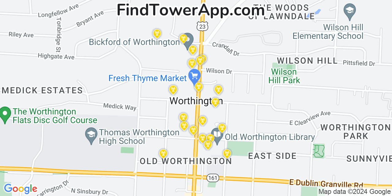 AT&T 4G/5G cell tower coverage map Worthington, Ohio