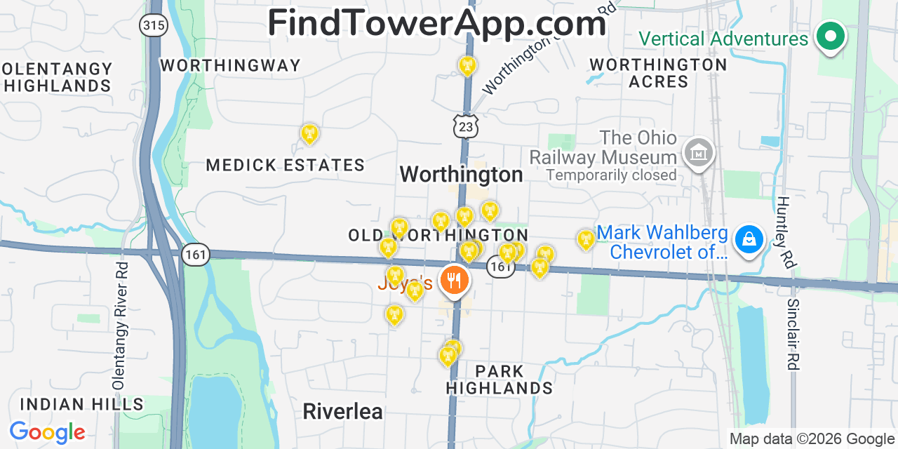 Map showing the 20 primary cell tower locations detected in Worthington, Ohio from AT&T, Verizon, and T-Mobile networks