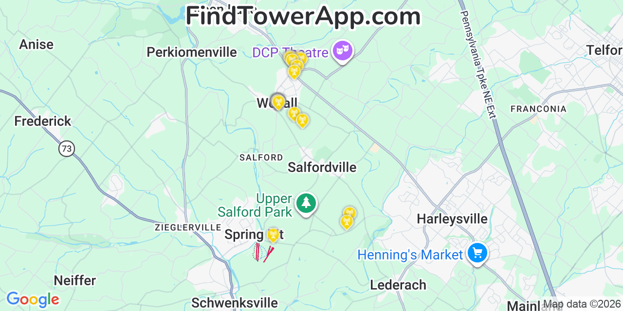 Map showing the 20 primary cell tower locations detected in Woxall, Pennsylvania from AT&T, Verizon, and T-Mobile networks