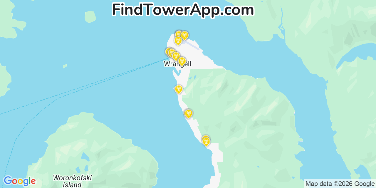 Map showing the 20 primary cell tower locations detected in Wrangell, Alaska from AT&T, Verizon, and T-Mobile networks