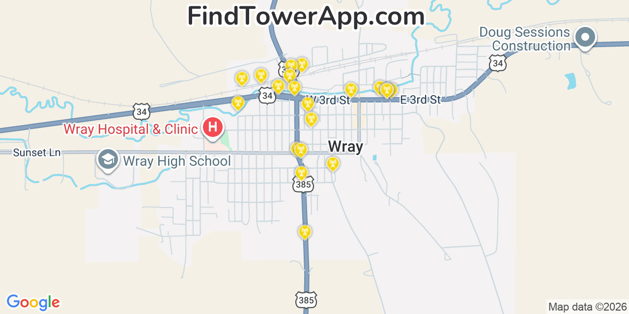 Map showing the 20 primary cell tower locations detected in Wray, Colorado from AT&T, Verizon, and T-Mobile networks