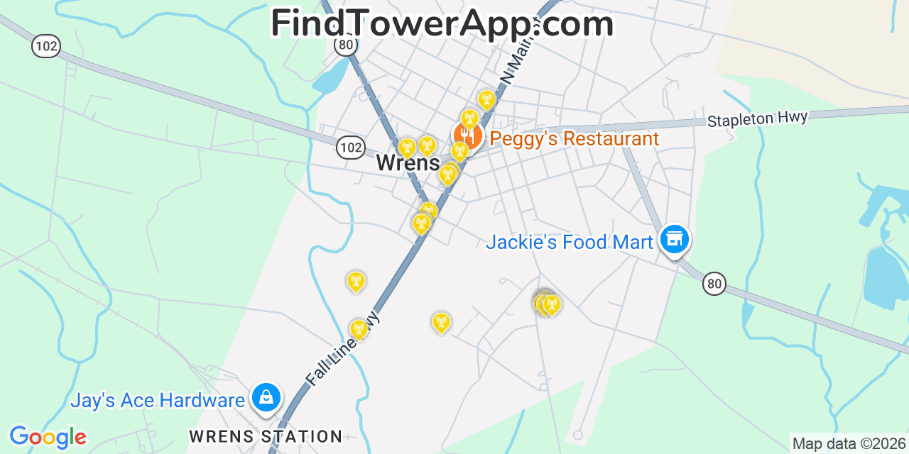 Map showing the 20 primary cell tower locations detected in Wrens, Georgia from AT&T, Verizon, and T-Mobile networks