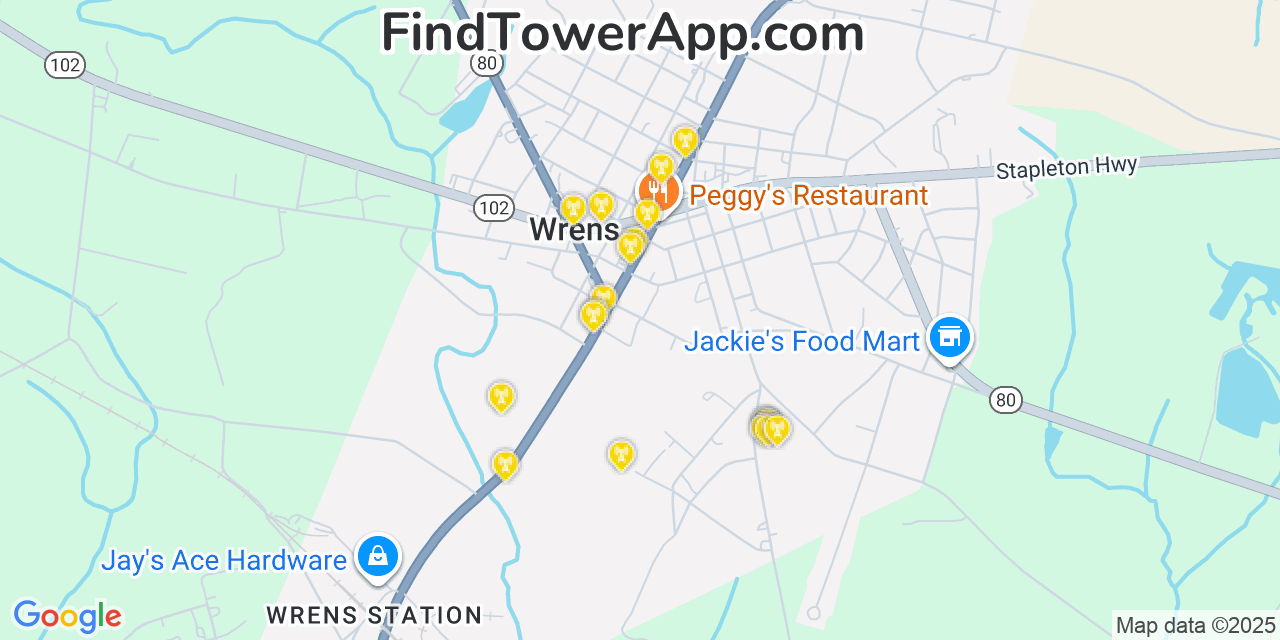 Map showing the 20 primary Mobitel cell tower locations detected in Wrens, Georgia with coverage radius and signal strength indicators