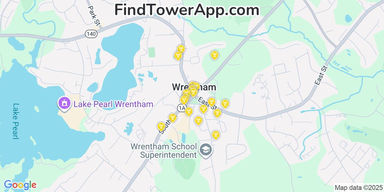 Map showing the 20 primary cell tower locations detected in Wrentham, Massachusetts from AT&T, Verizon, and T-Mobile networks