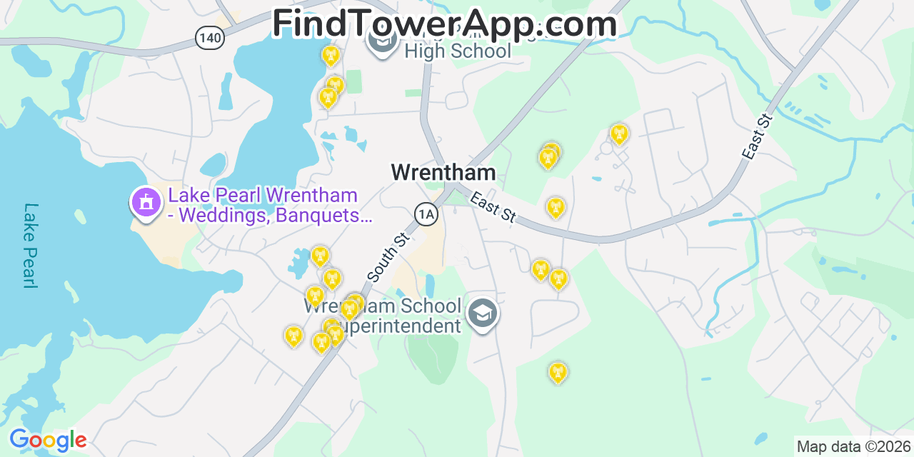Map showing the 20 primary cell tower locations detected in Wrentham, Massachusetts from AT&T, Verizon, and T-Mobile networks
