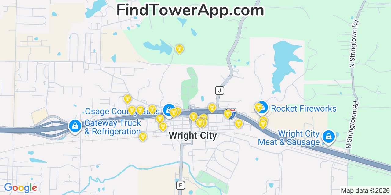Map showing the 20 primary cell tower locations detected in Wright City, Missouri from AT&T, Verizon, and T-Mobile networks