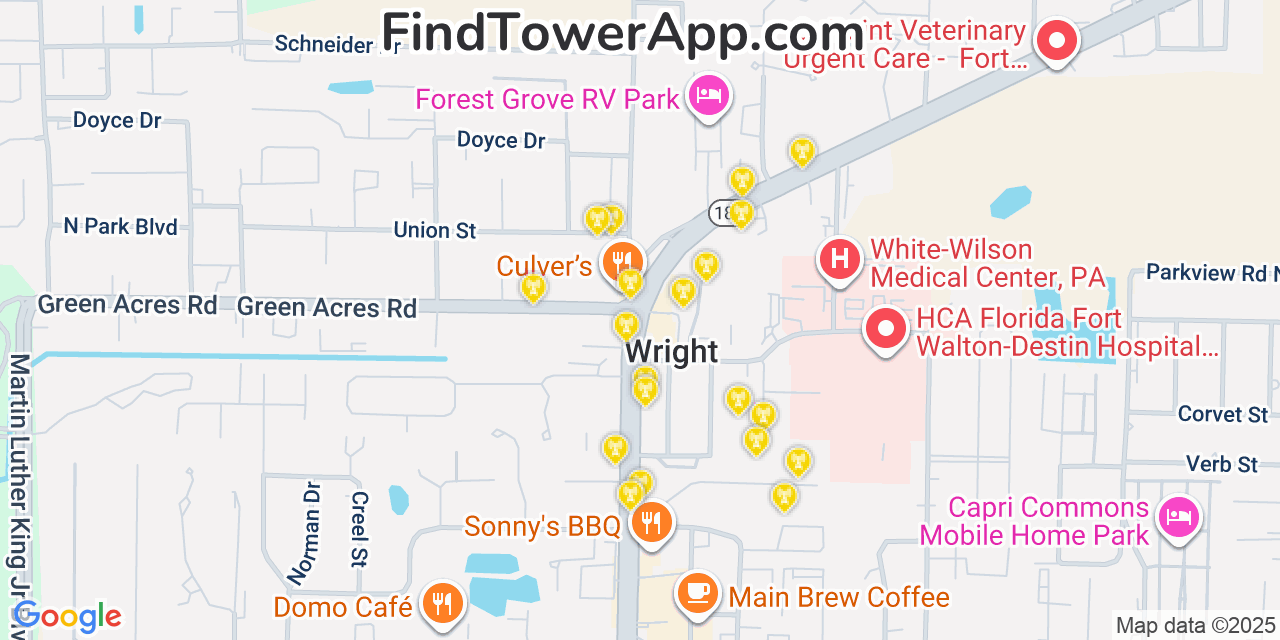 Map showing the 20 primary cell tower locations detected in Wright, Florida from AT&T, Verizon, and T-Mobile networks