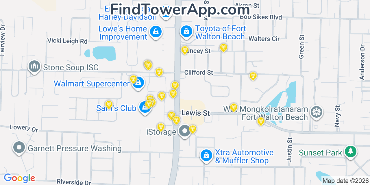 Map showing the 20 primary cell tower locations detected in Wright, Florida from AT&T, Verizon, and T-Mobile networks