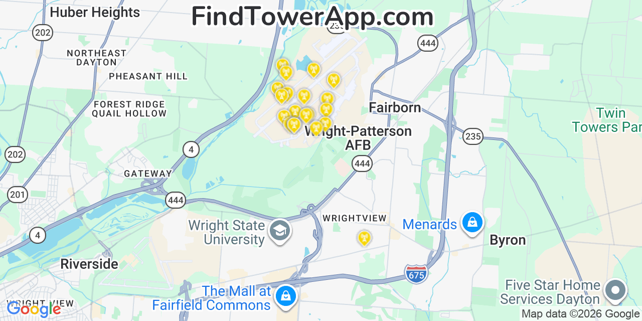 Map showing the 20 primary cell tower locations detected in Wright Patterson Afb, Ohio from AT&T, Verizon, and T-Mobile networks