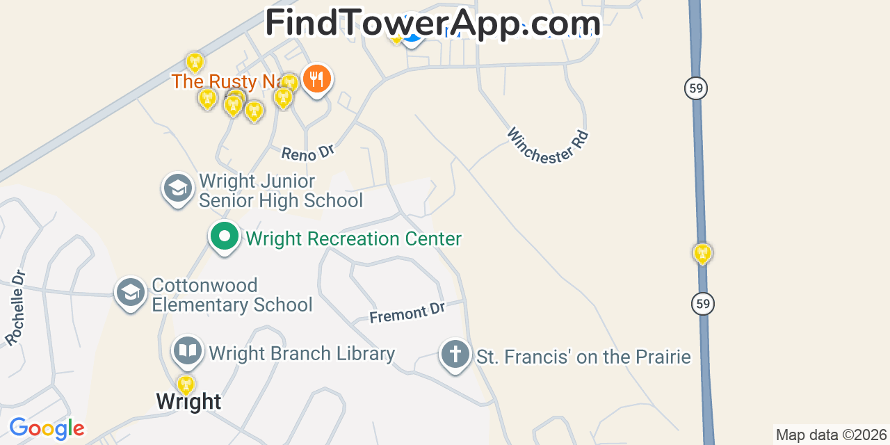 Map showing the 20 primary cell tower locations detected in Wright, Wyoming from AT&T, Verizon, and T-Mobile networks