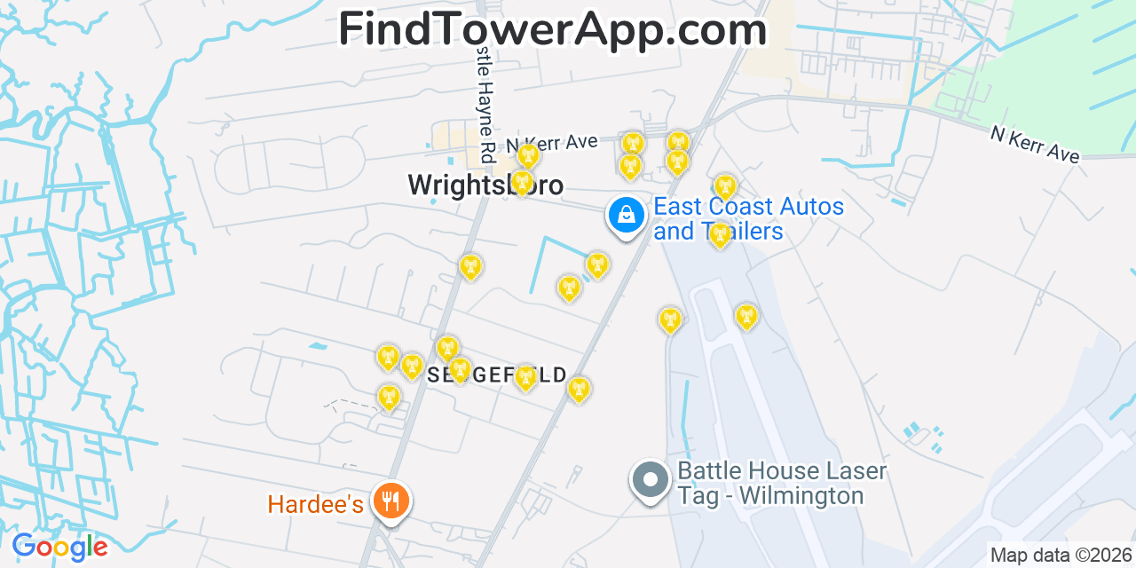 Map showing the 20 primary cell tower locations detected in Wrightsboro, North Carolina from AT&T, Verizon, and T-Mobile networks