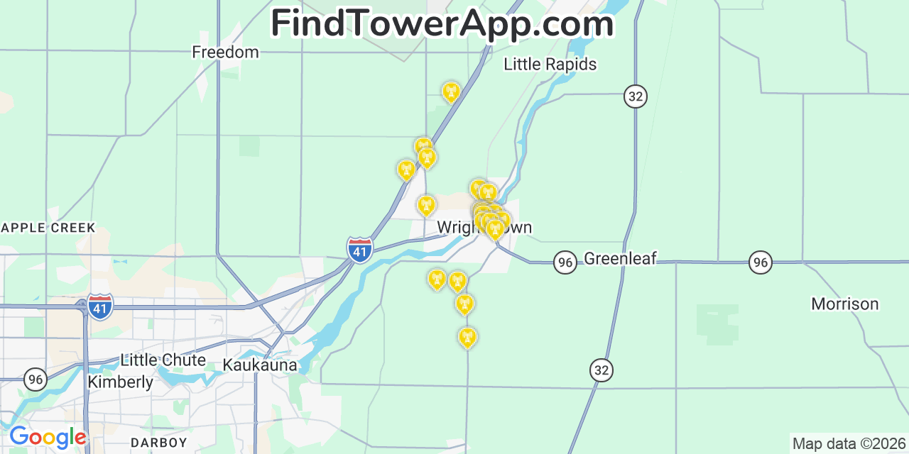 Map showing the 20 primary cell tower locations detected in Wrightstown, Wisconsin from AT&T, Verizon, and T-Mobile networks