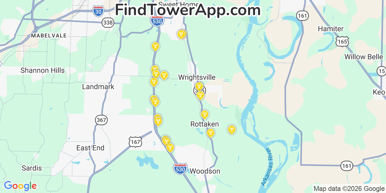 Map showing the 20 primary cell tower locations detected in Wrightsville, Arkansas from AT&T, Verizon, and T-Mobile networks