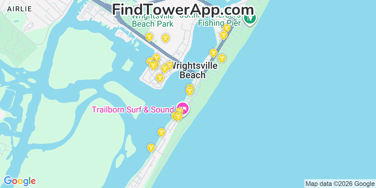 Map showing the 20 primary cell tower locations detected in Wrightsville Beach, North Carolina from AT&T, Verizon, and T-Mobile networks