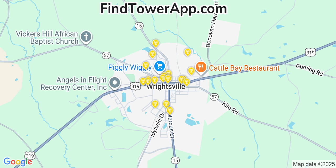 Map showing the 20 primary cell tower locations detected in Wrightsville, Georgia from AT&T, Verizon, and T-Mobile networks