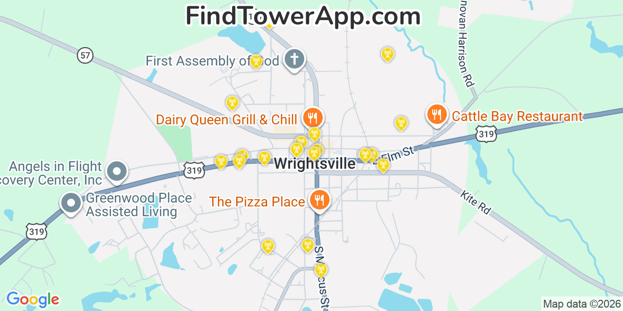 Map showing the 20 primary cell tower locations detected in Wrightsville, Georgia from AT&T, Verizon, and T-Mobile networks