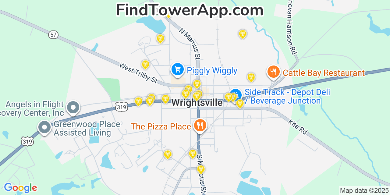 Map showing the 20 primary Mobitel cell tower locations detected in Wrightsville, Georgia with coverage radius and signal strength indicators