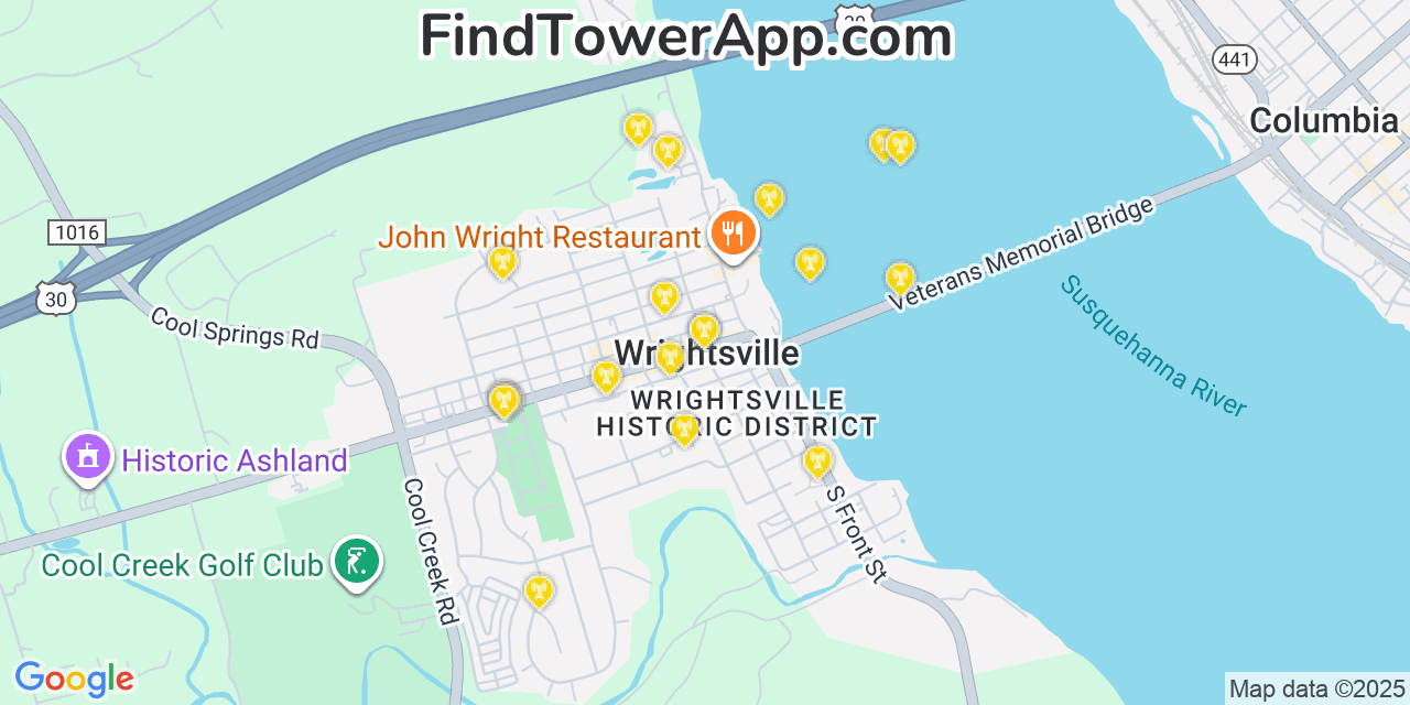 Map showing the 20 primary cell tower locations detected in Wrightsville, Pennsylvania from AT&T, Verizon, and T-Mobile networks