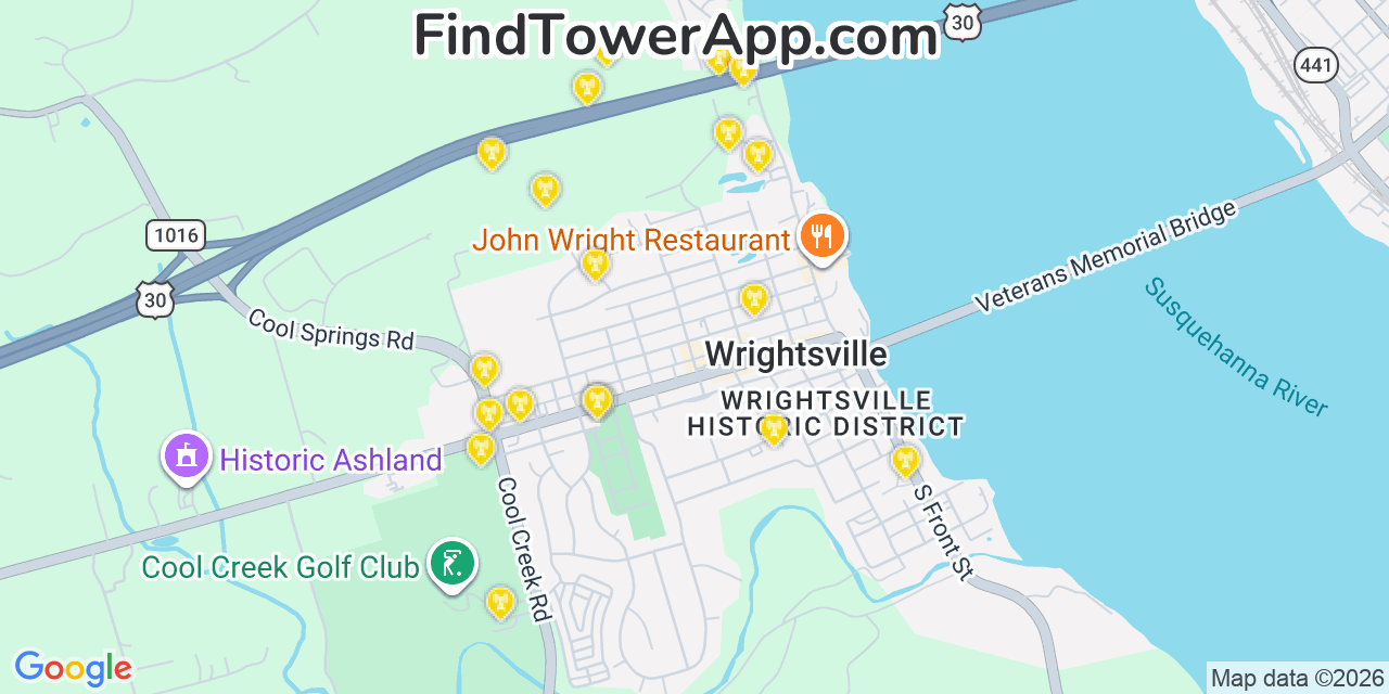 Map showing the 20 primary cell tower locations detected in Wrightsville, Pennsylvania from AT&T, Verizon, and T-Mobile networks