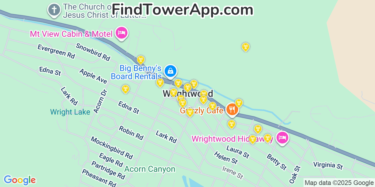 Map showing the 20 primary cell tower locations detected in Wrightwood, California from AT&T, Verizon, and T-Mobile networks