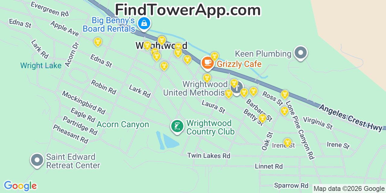 Map showing the 20 primary cell tower locations detected in Wrightwood, California from AT&T, Verizon, and T-Mobile networks