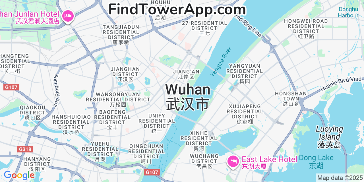 Map showing the 0 primary China-Mobile cell tower locations detected in Wuhan, China with coverage radius and signal strength indicators