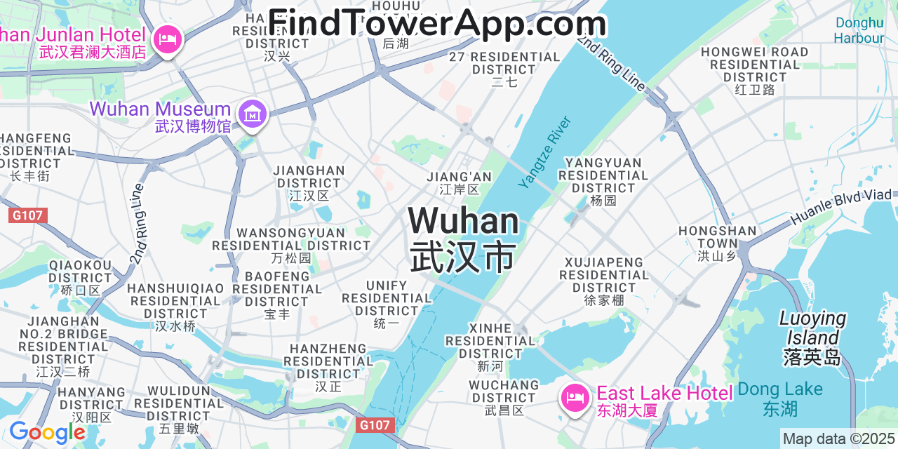 Map showing the 0 primary China-Unicom cell tower locations detected in Wuhan, China with coverage radius and signal strength indicators