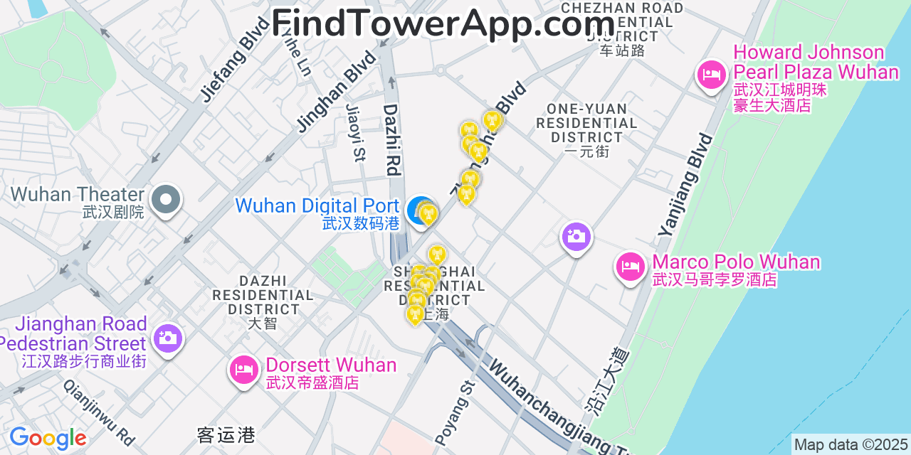 Map showing the 20 primary cell tower locations detected in Wuhan, China with coverage areas and signal strength