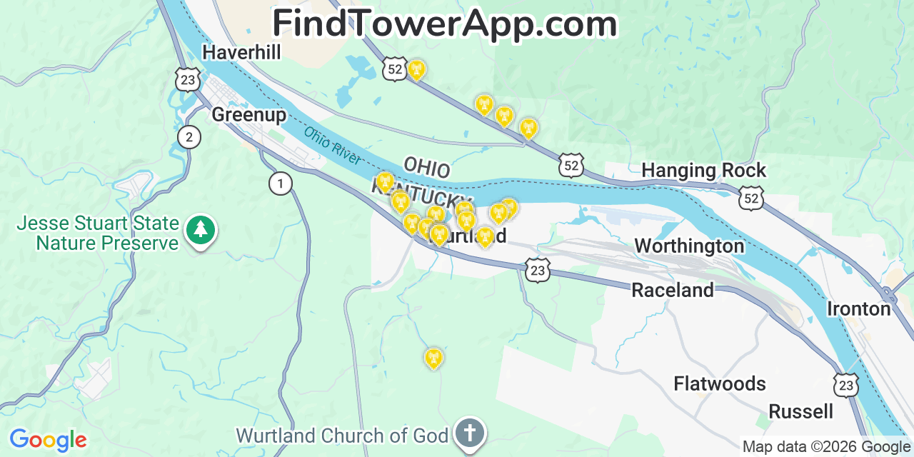 Map showing the 20 primary cell tower locations detected in Wurtland, Kentucky from AT&T, Verizon, and T-Mobile networks