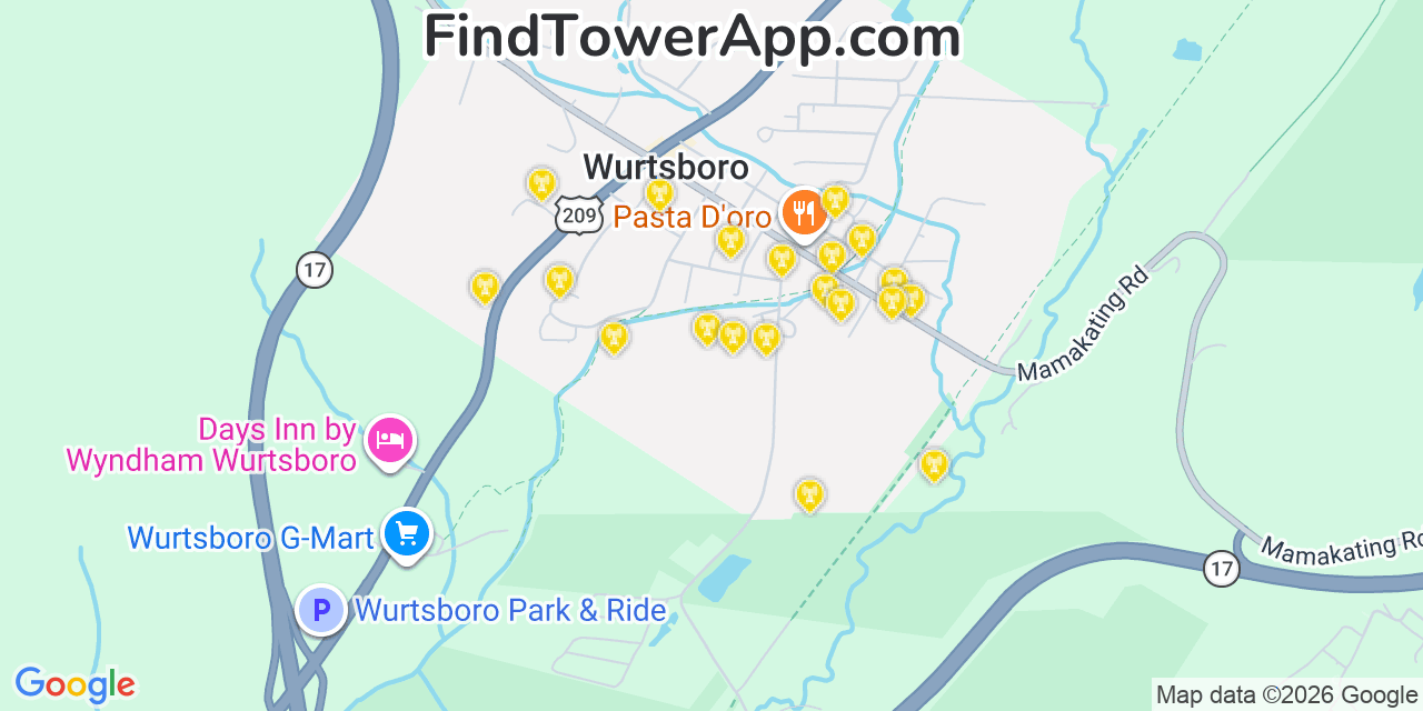 Map showing the 20 primary cell tower locations detected in Wurtsboro, New York from AT&T, Verizon, and T-Mobile networks