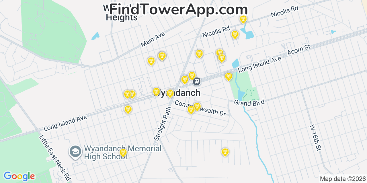 Map showing the 20 primary cell tower locations detected in Wyandanch, New York from AT&T, Verizon, and T-Mobile networks