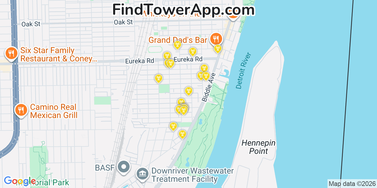 Map showing the 20 primary cell tower locations detected in Wyandotte, Michigan from AT&T, Verizon, and T-Mobile networks