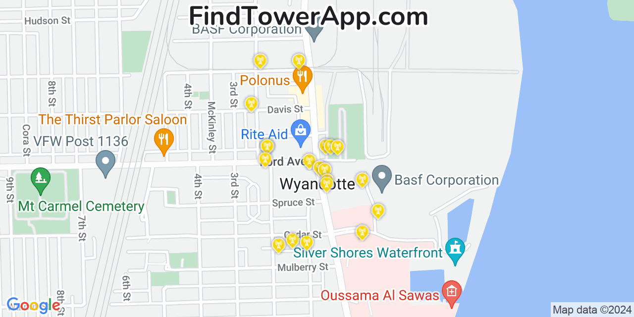 Verizon 4G/5G cell tower coverage map Wyandotte, Michigan