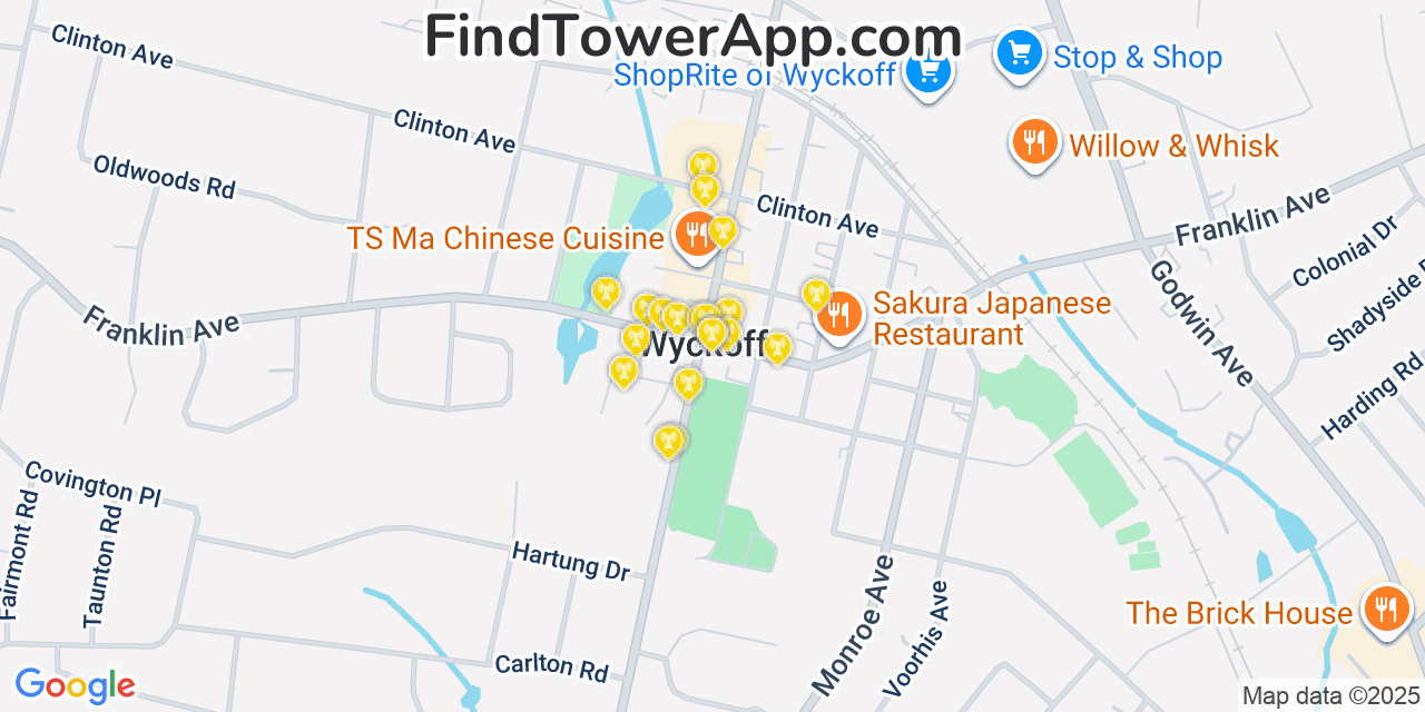 Map showing the 20 primary cell tower locations detected in Wyckoff, New Jersey from AT&T, Verizon, and T-Mobile networks