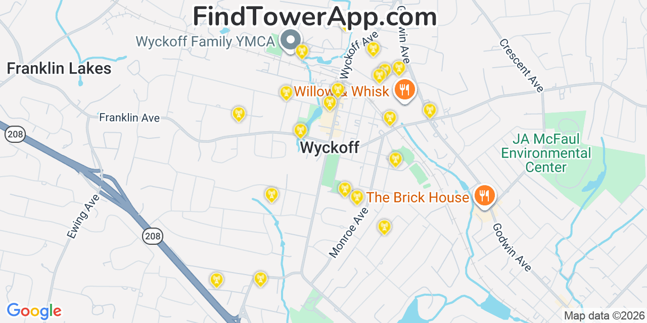Map showing the 20 primary cell tower locations detected in Wyckoff, New Jersey from AT&T, Verizon, and T-Mobile networks