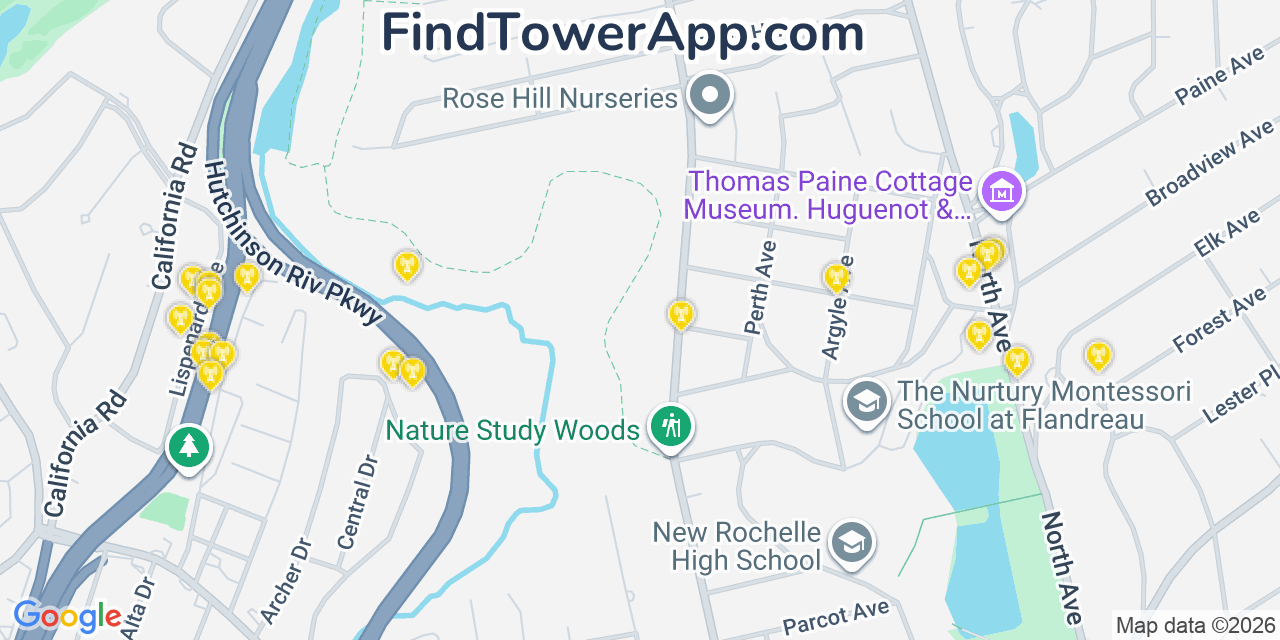 Map showing the 20 primary cell tower locations detected in Wykagyl, New York from AT&T, Verizon, and T-Mobile networks